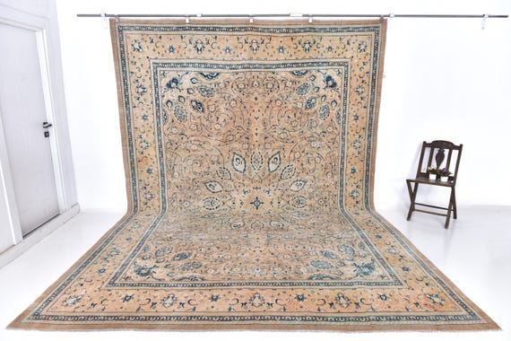 10x14 Orange Blue Persian Rug, 10x14 Oversize Persian Rug, Extra Large Area Rug, 10x14 Rugs, Wool Handmade Persian Rug, 10x14 Persian Rug