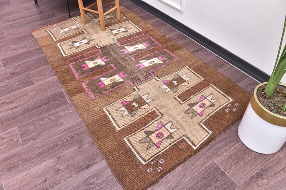 4x7 Vintage Handmade Traditional Turkish Brown Accent Rug, Pink Brown Color