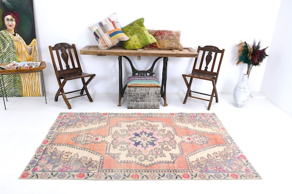 4x7 Coral Orange Beige Vintage Rug 4x7 Vintage Rug 4x7 Rug Handmade Wool Rug Ethnic Bohemian Rug For Living Room 4x7 Turkish Rug Luxurious