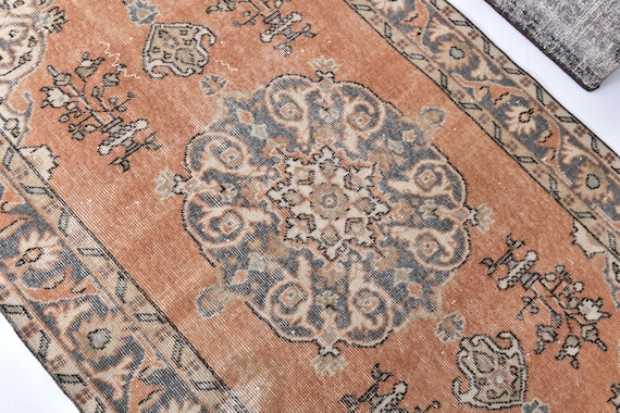 3x7 Vintage Turkish Peach Accent Rug, Peach Blue Beige Color, Handmade Wool, 3x7 Accent Rug, Medallion Design, 4x7 Living Room Bedroom Rug