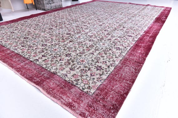 7x10  Vintage Burgundy Border Rug, Burgundy Cream Rug, 7x10 Rug, Handmade Wool Rug 7x10 Area Rug, 7x10 Turkish Rug For Living Room Bedroom,