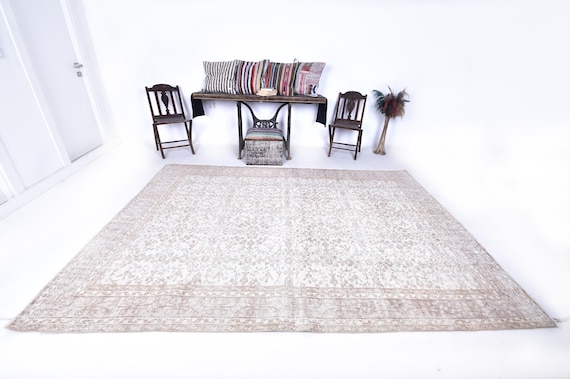 7x10 Soft Pastel Turkish Vintage Rug, Oversize Vintage Rug Large Area Rug 7x10 Wool Handmade Turkey 7x10 Rug Brown & Beige Vintage Rug 57s