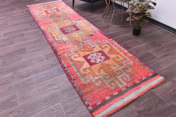 3x11 Vintage Soft Runner Rug, Peach Red Gray Color, Handmade Wool Rug, 3x11 Hallway Kithcen Rug, Soft Wool Rug 3x11 Traditional Runner Rug