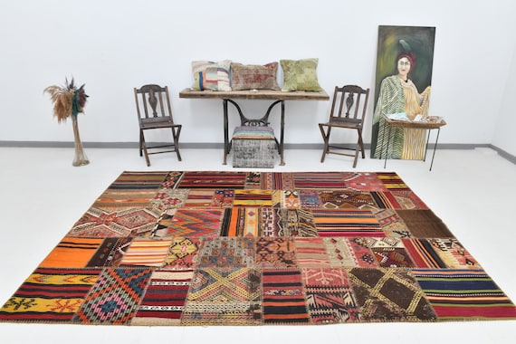 7x10 Area Rug, 7x10 Oversize Kilim Patchwork Rug, 7x10, Kilim Patchwork Rug, Handmade Wool Vintage Oushak, Oversize Rug 7x10, Farmhouse