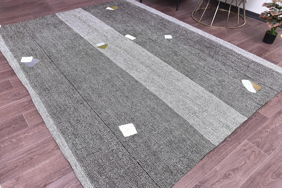 7x9 Patchwork Kilim Rug, Handmade Wool Jute Kilim Rug, 7x9 White Gray Color, Authentic Kilim Rug, 7x9 Living Room Bedroom Rug