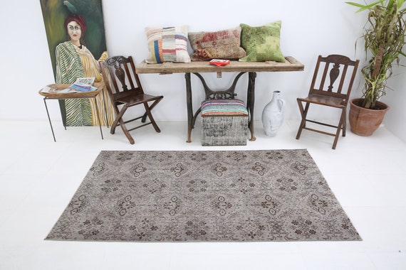 4x7 Vintage Turkish Wool Rug: Brown Gray Mid-Century Modern