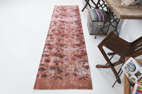 3x9 Pink Brown Turkish Runner Rug, 3x9 Turkish Runner, 3x9 Rugs, Handmade Wool Vintage Rug, 3x9 Runner Rug, Turkish Runner 3x9, Antique 57s