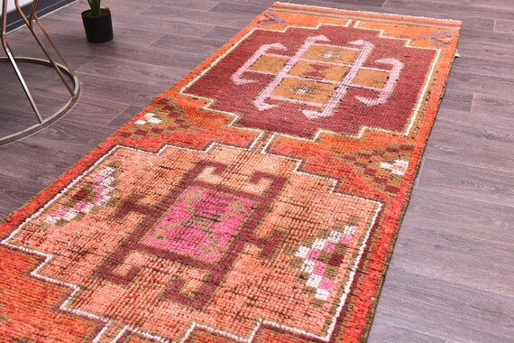 3x10 Vintage Peach Burgundy Herki Runnner Rug, 3x10 Handmade Wool, 3x10 Geometric Medallion Runner, Peach Color, 3x10 Hallway Runner Rug,