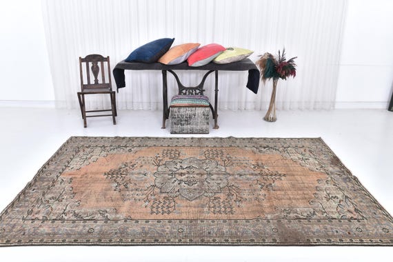Antique Vintage Turkish Rug, Handmade Wool Rug Orange & Brown Carpet, Antique 57's, 6x9 Rugs, 6x9 Oriental Vintage, 6x9 Pastel Turkish Rug,
