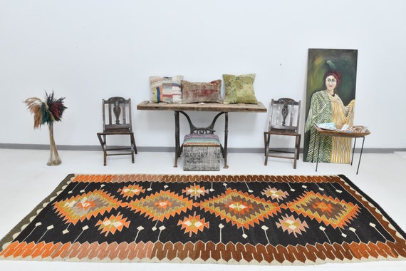 5x11 Orange Black Wide Kilim Runner Rug, 5x11 Kilim Runner, Handmade Wool Long Wide Rug, 5x11 Rugs, Made İn Turkey, Kilim Runner 5x11, 57s