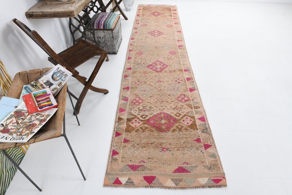 3x12 Tan & Pink Turkish Runner Rug, 3x12 Turkish Runner, 3x12 Rugs, Oushak Handmade Herki, Hallway Decor, Rug For Bedroom Kitchen 60s