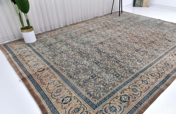 10x13 Elegant Vintage Persian Area Rug, 10x13 Vintage Handmade Wool Rug, Salmon Blue Brown Traditional Oriental Decor 10x13 Dining Areas Rug