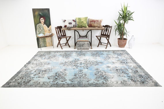 7x11 Light Blue Oversize Vintage Rug, Oversize Vintage Rug, Large Area Rug, Blue Handmade Wool Rug, 7x11 Rug, 7x11 Vintage Rug, Antique 7x11