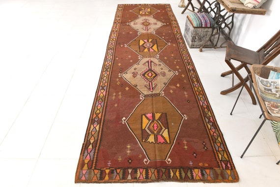 4x14 Runner Rug, 4x14 Lond Wide Kilim Runner Rug, 4x14 Kilim Rug, Handmade Wool Rug, 4x14 Rug, Burgundy & Brown Kilim, Rug For Unique Hall