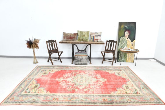 7x10 Area Rug, 7x10 Faded Turkish, 7x10 Oriental Vintage Turkish Rug, 7x10, Wool Handmade Turkey, 7x10 Rugs, Red Green Area Rug, Anatolian