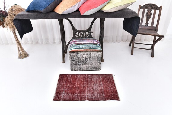 1x3 Red Pale Runner Rug, 1x3 Anatolian Vintage Runner, 1x3 Antique Accent Rug, 1x3 Handmade Wool Rug, Long Narrow Soft Wool Turkish Runner,