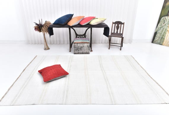 6x9 White Beige Hemp Rug, 6x9 Hemp Rug, 6x9 Rug, Neutral Handmade Hemp Rug, 6x9 Area Rug, 6x9 Vintage Rug, Living Room Rug, Striped Rug
