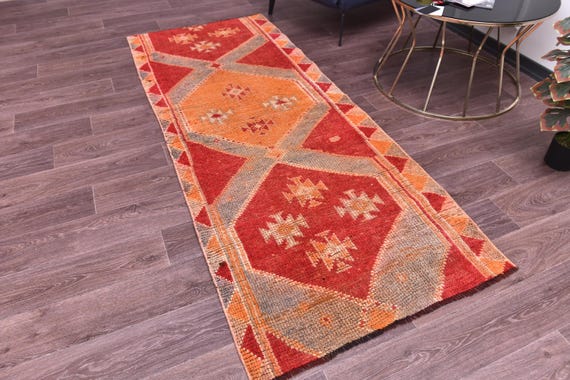 3x7 Vintage Herki Runner Rug, Red Orange Rug, Handmade Vintage Tapestry, Hallway Rug