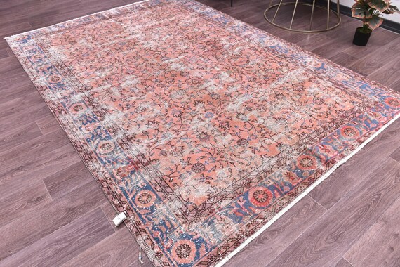 6x9 Vintage Faded Salmon Area Rug, Traditional Turkish Design, Handmade Wool Rug, 6x9 Rug