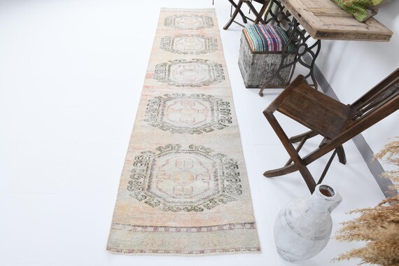 2x11 Runner Rug, 2x11 IKAT TURKISH VINTAGE Runner, Handmade Oushak Rug, Vintage Runner, Faded Beige Rug, Turkish Runner, Turkey Rug, Antique