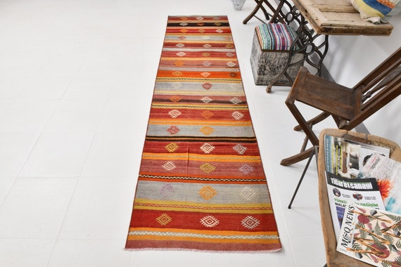 2x10 Runner Rug, 2x10 TURKISH VINTAGE RUNNERS, 2x10, Wool Handmade Kilim, 2x10 Vintage Runner, Orange & Wine Red, Turkish Runner 2x10, 60s