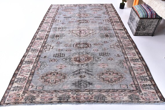 6x9 Vintage Faded Turkish Rug, Handmade Wool Rug, 6x9 Distressed Blue Beige Brown, Ethnic Patterned Rug, Farmhouse Rug, 6x9 Living Room Rug