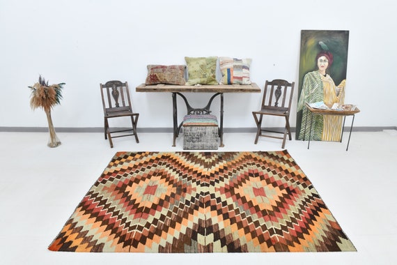 6x7 Area Rug, 6x7 Ethnic Kilim, 6x7 Brown & Red Geometric Kilim Rug, 6x7, Oushak Handmade Rug, One Of A Kind, Rug For Farmhouse Room, Gift