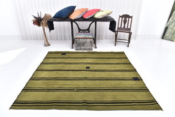6x6 Pistachio Oil Green Black Hemp Rug, 6x6 Hemp Rug, 6x6 Rug, Striped Handmade Hemp Rug, 6x6 Area Rug, Square Hemp Rug, Rug For Farmhouse