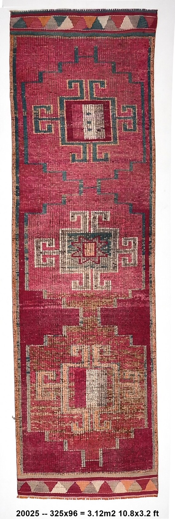 3x11 Antique Runner Rug, Red Green Color Rug, 3x11 Vintage Turkish Runner Rug, Geometric Patterned Rug, Tribal Runner Rug Handwoven Rug 3x11