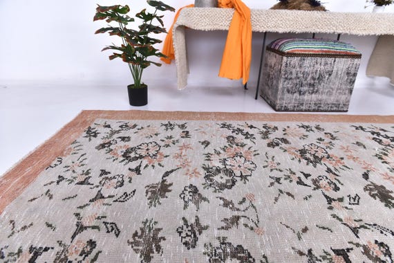 6x9 Turkish Vintage Floral Rug, Terracotta White Green Color Rug, Handmade Decor, Turkish Area Rug 6x9, Living Room Rug, Antique Tapestry,