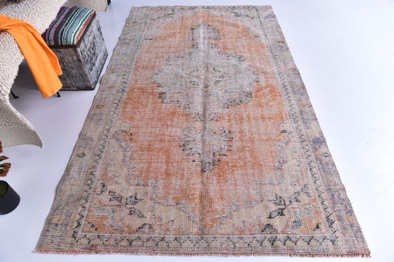 5x8 Turkish Faded Rug, Peach Beige Color, 5x8 Handmade Wool Rug, Living Room Bedroom Rug, 5x8 Antique Geometric Rug, 5x8 Oushak Rug, 5x8 Rug
