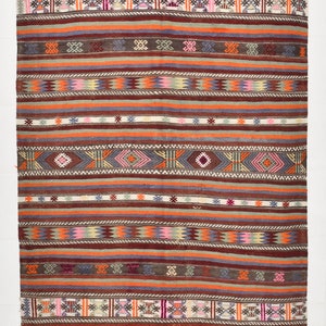 6x8 Area Rug, 6x8 TURKISH OUSHAK KILIM Rug, 6x8, Vintage Kilim Rug, Wool Handmade Oushak Kilim, Orange & Blue Kilim, Modern Striped Style,