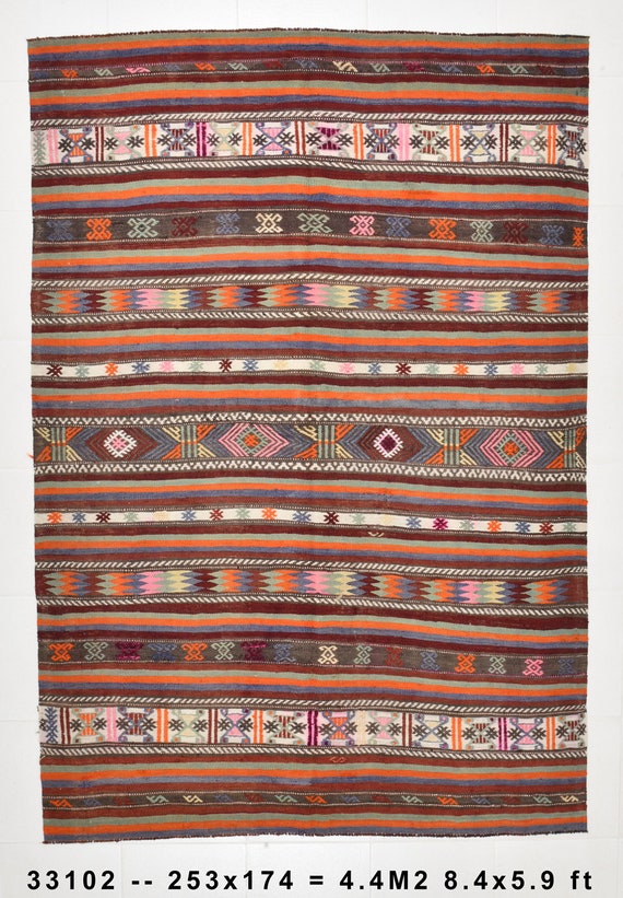6x8 Area Rug, 6x8 TURKISH OUSHAK KILIM Rug, 6x8, Vintage Kilim Rug, Wool Handmade Oushak Kilim, Orange & Blue Kilim, Modern Striped Style,