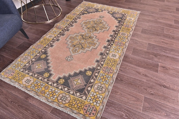 4x7 Vintage Accent Rug, 4x7 Mustard, Salmon Color, Geometric Design, 4x7 Distressed Rug, Traditional Home Decor, Handmade Wool Rug, 4x7 Rug