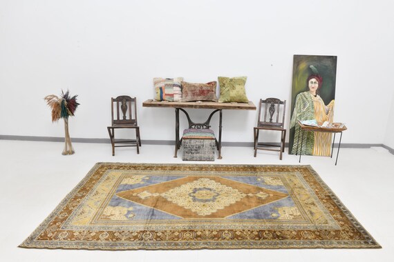 6x10 Area Rug, 6x10 Persian Rug, 6x10 Blue Brown Oriental Persian Rug, Oushak Handmade Rug, 6x10 Vintage Rug, Bordered Style, Rug For Office