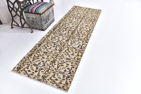 2x8 Floral Runner Rug, Yellow, Beige Color Rug, 2x8 Runner Rug, Hallway Rug 2x8, Vintage Rug 2x8, Handmade Wool Rug, Pastel Color Rug