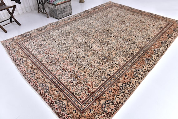 7x11 Antique Vintage Turkish Rug, 7x11 Tan, Beige, Taupe Colored Rug, Extra Large Area Rug, 7x11 Floral Handmaded Turkish Rug, Soft Wool Rug