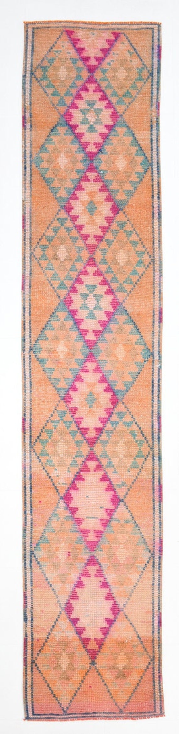 2x12 Vintage Herki Runner Rug, 2x12, Pale Orange Oushak Style, Handmade Oushak Rug, 2x12 Vintage Runner, Long Stair Entrway Carpet, Antique