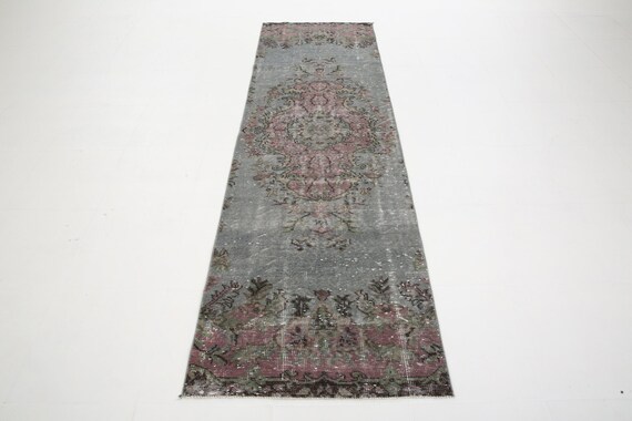 3x9 Runner Rug, 3x9 Gray & Burgundy Vintage Runner Rug, 3x9 Vintage Runner, Oushak Handmade Rug, Oriental Floral Style, Antique 60s, Hallway