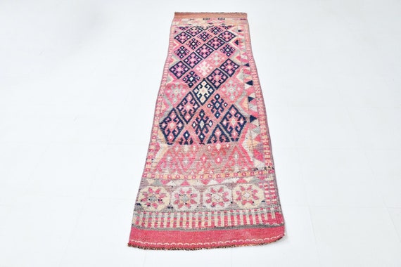2x9 Runner Rug, 2x9 PERSIAN HERKI RUNNER Rug, 2x9, Vintage Runner, Navy Blue & Blush Pink Runners, Turkish Runner 2x9, Short Narrow Hallway