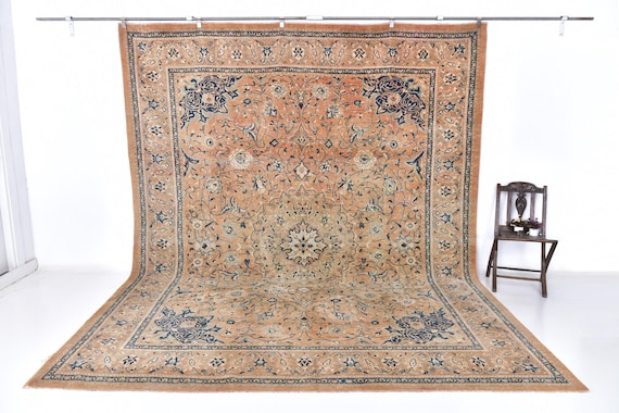 9x13 Orange Blue Oversize Persian Rug, Extra Large Area Rug, 9x13 Rugs, Handmade Wool Persian Rug, 9x13 Persian Rug, Rug for Living Room