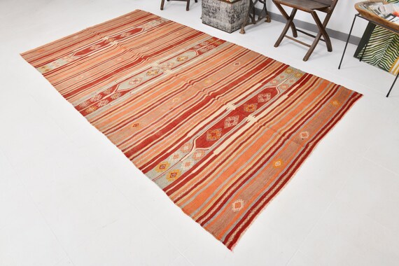 5x10 Turkish Kilim Rug, 5x10 Turkish Vintage Kilim Rug, Handmade Home Decor, 5x10 Rug, Red & Orange Rug, Turkey Kilim Rug
