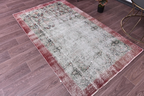 4x6 Vintage Faded Accent Rug, Burgundy Green Color, 4x6 Floral Style, Handmade Wool Rug, Oriental Rug,  4x6 Rugs, Handmade Wool Rugs