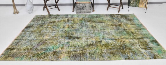 6x10 Vintage Forets Color Area Rug, Overdyed Turkish Vintage Rug, Wool Handmade Rug, 6x10 Modern Design, Green Tones Carpet, Traditional