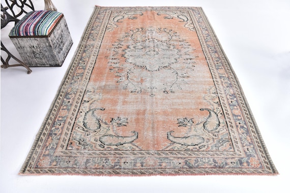5x9 Vintage Handmade Faded Terracotta Rug, Floral Medallion Design, Handmade, Living Room Rug