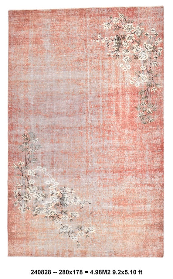floral 6x9 oushak Vintage Rug, 6x9 Peach Red Turkish Vintage Rug, 6x9, Wool Handmade vintage rug, Peach Red Orange Carpet, Turkish Rug 6x9,