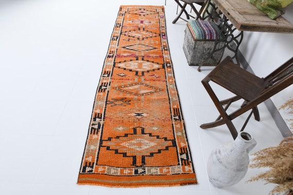 3x12 Runner Rug, 3x12 ORANGE VINTAGE RUNNER, 3x12, Vintage Runner, Handmade Oushak Rug, 3x12 Runner Rug, Long Stair Rug, Turkish Runner 3x12