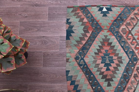 6x10 Vintage Faded Kilim Rug, 6x10 Handmade Soft Wool Jute Rug, Blue Green Pink Color, Oriental Vintage Kilim, 6x10 Turkish Area Rug,