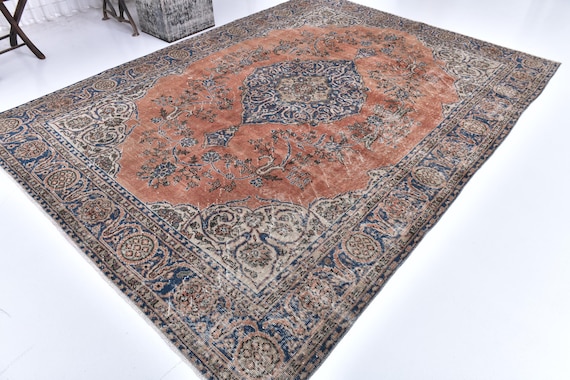 7x10 Antique Vintage Turkish Rug, Red and Brown Rug, 7x10 Rug Handknotted Wool Rug 7x10 Area Rug, 7x10 Turkish Rug For Living Room Bedroom,