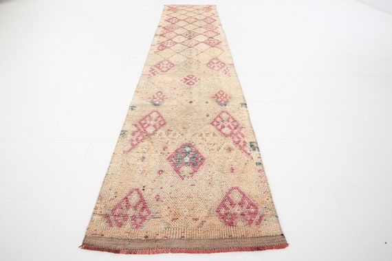 3x13 Runner Rug, 3x13 HERKI VINTAGE RUNNER Rug, Herki Runner, Handmade Wool Herki, Runner Rug 3x13, Hot Pink & Brown, Extra Long Runner 3x13